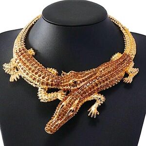 Gold & Champagne Color Crocodile Alligator Choker Statement Necklace Double Hea…